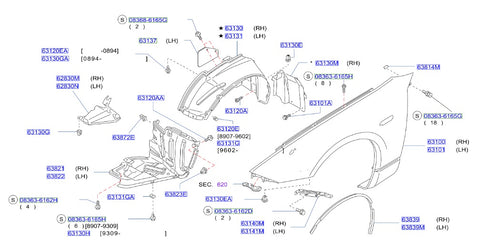 Nissan Fairlady Z32 Inner Fender Screw, Front Section Upper (63120AA)
